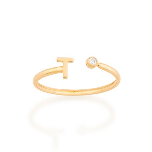 ANEL AJUSTÁVEL LETRA BANHADO A OURO 18K COM ZIRCÔNIA-LETRA T