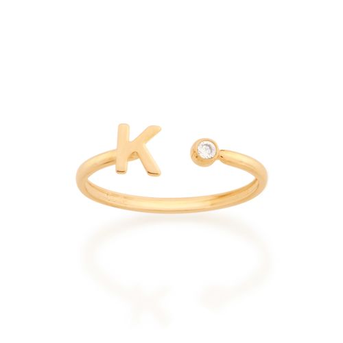 ANEL AJUSTÁVEL LETRA BANHADO A OURO 18K COM ZIRCÔNIA-LETRA K