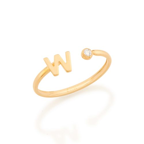 ANEL AJUSTÁVEL LETRA BANHADO A OURO 18K COM ZIRCÔNIA-LETRA W