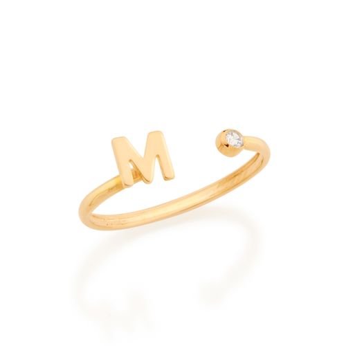 ANEL AJUSTÁVEL LETRA BANHADO A OURO 18K COM ZIRCÔNIA-LETRA M