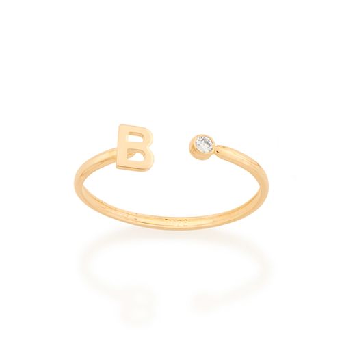 ANEL AJUSTÁVEL LETRA BANHADO A OURO 18K COM ZIRCÔNIA-LETRA B