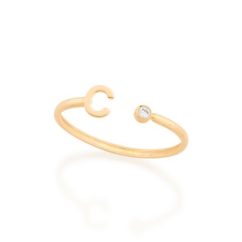 ANEL AJUSTÁVEL LETRA BANHADO A OURO 18K COM ZIRCÔNIA-LETRA C