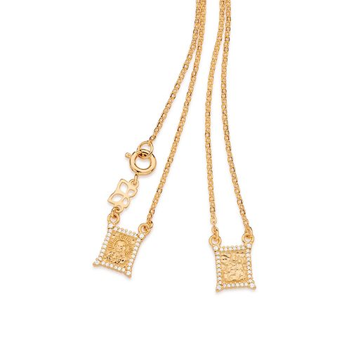 ESCAPULÁRIO CORAÇÃO DE JESUS E NOSSA SENHORA DO CARMO BANHADO A OURO 18K COM ZIRCÔNIAS