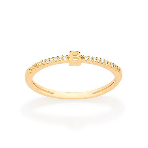 ANEL SKINNY LETRA BANHADO A OURO 18K COM ZIRCÔNIAS-LETRA B