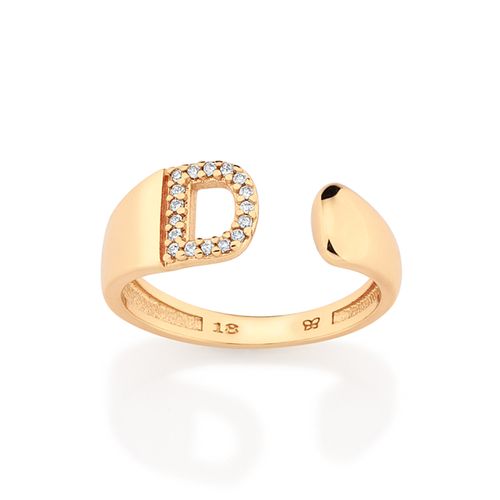 ANEL LETRA BANHADO A OURO 18K COM ZIRCÔNIAS -LETRA D