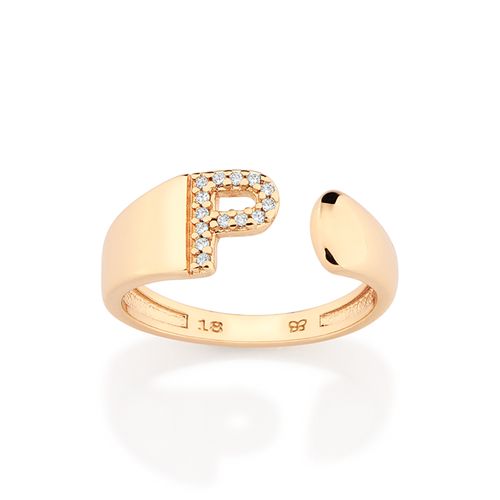 ANEL LETRA BANHADO A OURO 18K COM ZIRCÔNIAS -LETRA P